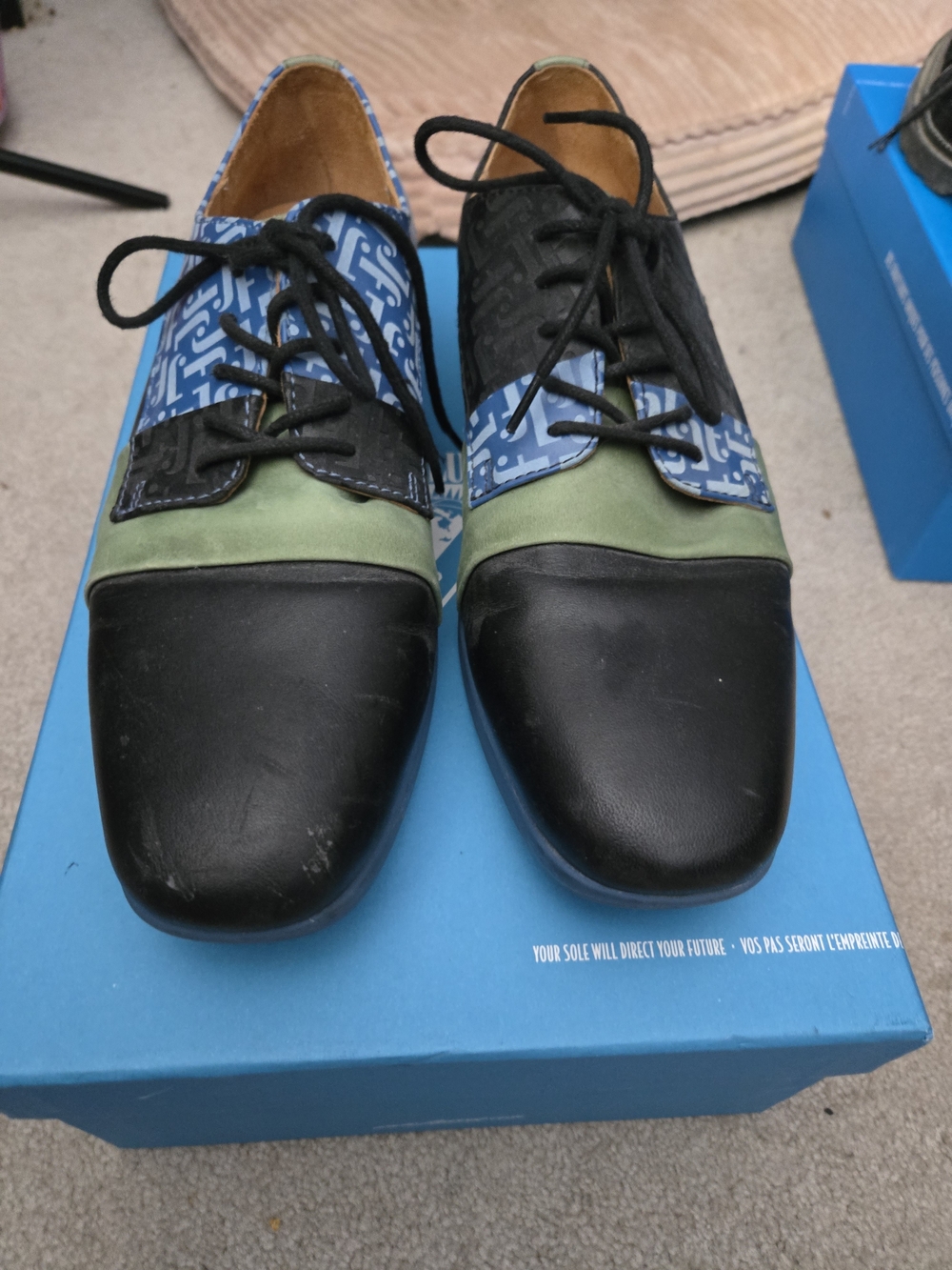John Fluevog Men's M9 Black, Blue & Green Fuller Lace-Up Dress Shoes